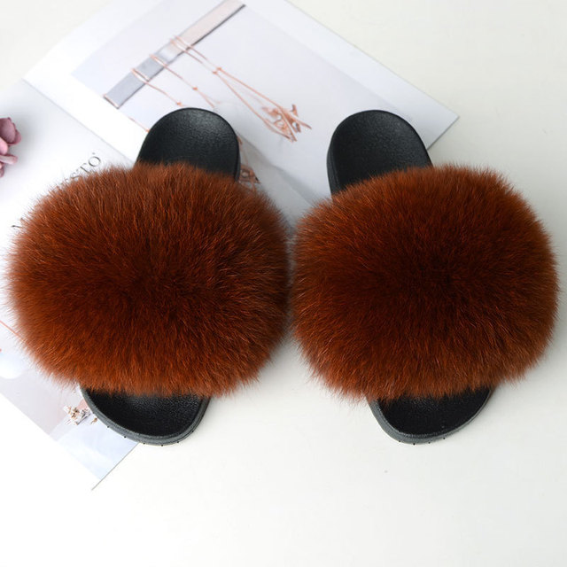 Genuine Fluffy Fur Slippers Women Summer Indoor Flip Flops Fur Sandals Slides Ladies Home Furry Plush Shoes Woman Fur Slides