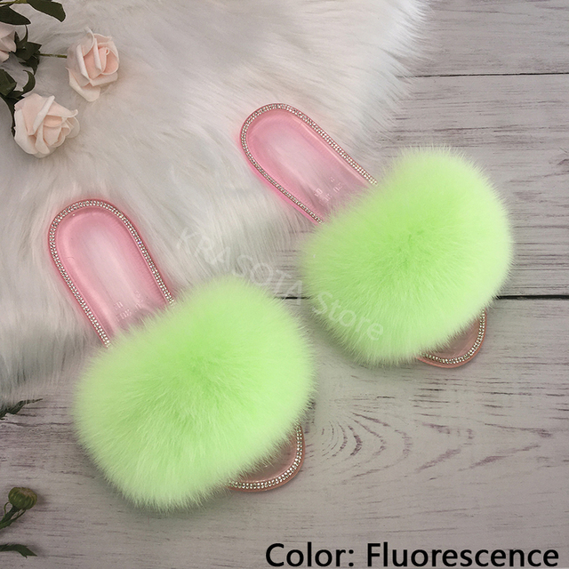 fluffy slippers women real fur home slides summer crystal rhinestones shoes for women flip flops with fur jelly sandals women