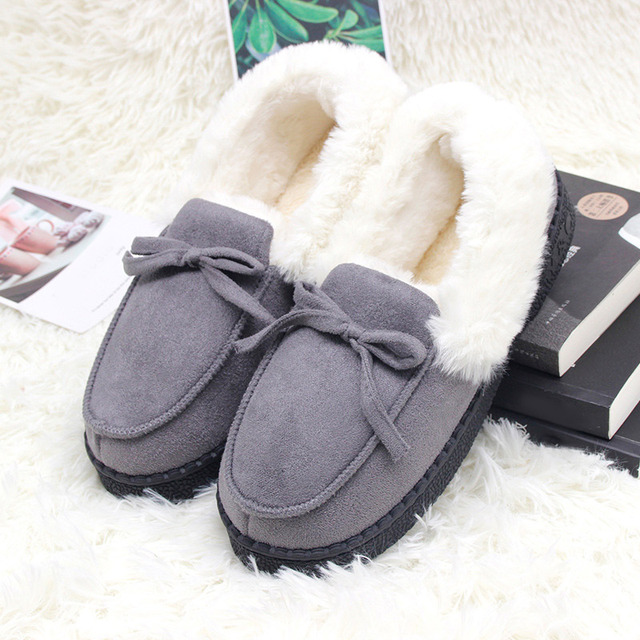 Women Slippers Winter Bow Tie Plush Warm Shoes Inside Loafers Indoor Slippers Ladies Ladies Slip On Shoes Chaussure Femme Women Shoes Non-leather Casual Shoes Women's Shoe Brand