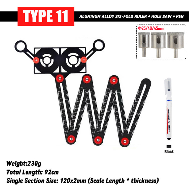 Fold Angle Ruler Aluminum Measuring Ruler for Tile Floor Glass Woodworking Locator Hole Template Tile Hole Guide