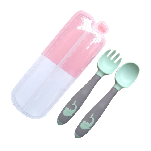 Baby Children Spoon Fork Set Soft Bendable Silicone Scoop Fork Cutlery Set Kid Training Feeding Cutlery Utensils