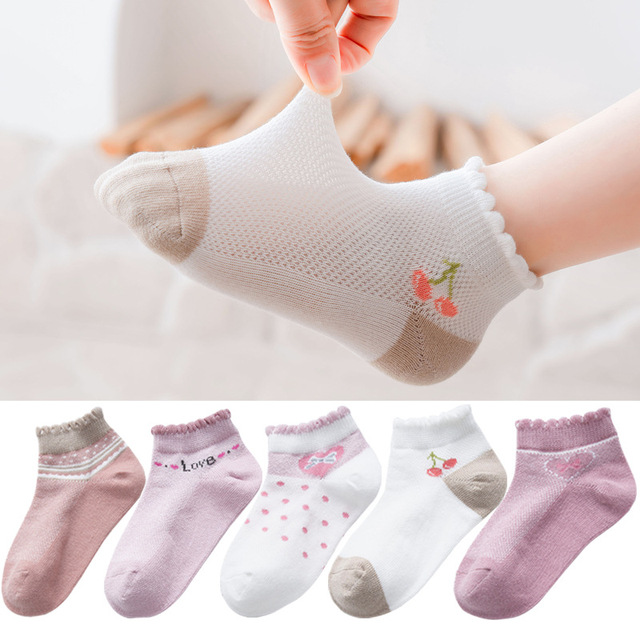 5 Pairs Girls Cotton Socks Summer Thin Mesh Breathable Cute Cartoon Children Socks Toddler Baby Girls Socks Pink 1-12 Years