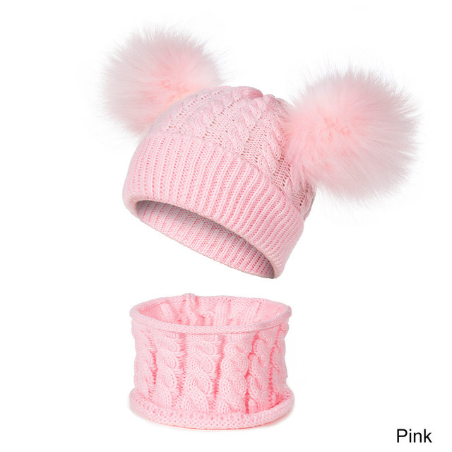 New Newborn Baby Kids Girls Boys Hat Scarf Winter Warm Knit Hat Furry Balls Pompom Solid Warm Cute Lovely Beanie Hat Gift Set