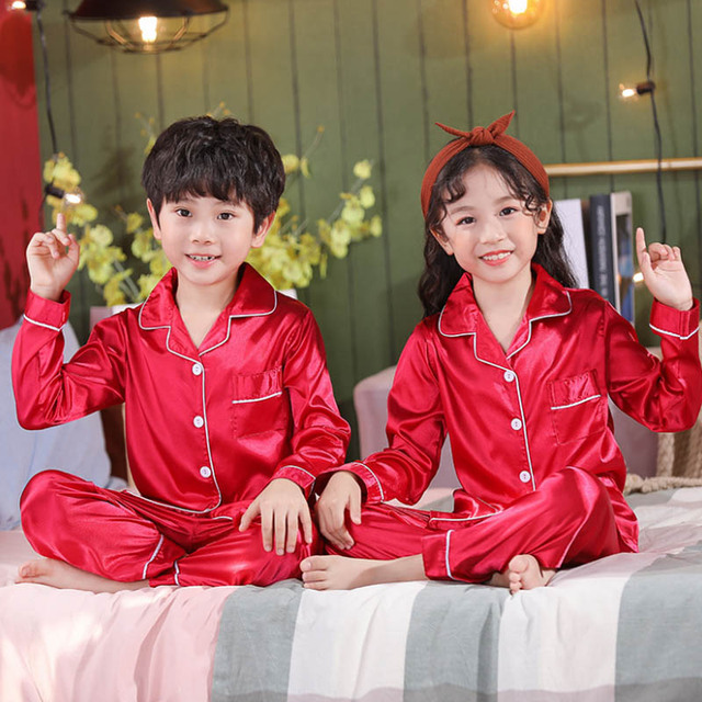 Silk Pajamas for Girls Boy Pajama Sets Summer Autumn Satin Long Sleeve Fashion Gray Pajama Toddler Kid Pajama Sleepwear Suit 3-14Y