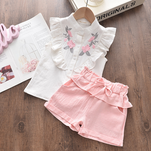 2022 Summer New Kids Clothes Fruit Print Casual Girls Clothing Set + Pants 2 Pack Fashion Ribbon Bow Set Toddler Clothing