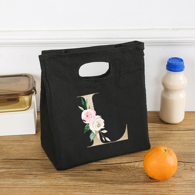 Rose Flower Letters A-Z Canvas Lunch Bag Harajuku Insulated Functional Thermal Pouch Cooler Bags for Women Funny Kid Picnic Box