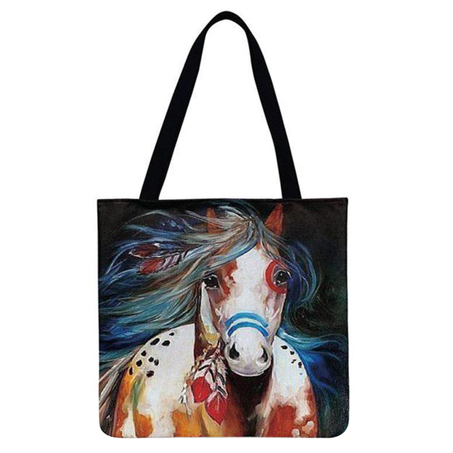 Reusable Linen Shopping Bags Casual Ladies Animal Horse Printed Pattern Tote Square Large Capacity Storage Bag