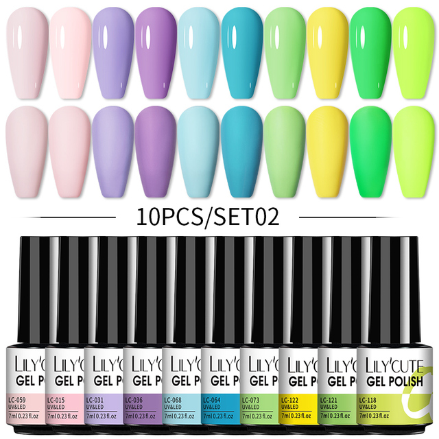 LILYCUTE 10pcs Gel Nail Polish Set With UV Lamp Nude Gel Semi Permanent Hybrid Varnish Base Top Coat Soak Off UV LED Nail Art