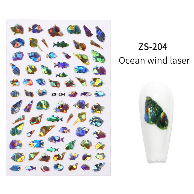 LEAMX Ocean Cute Glitter Laser Nail Art Marine Animal Shell Turtle Fish Starfish Nail Sticker Slider 9D Nail Sticker Decoration