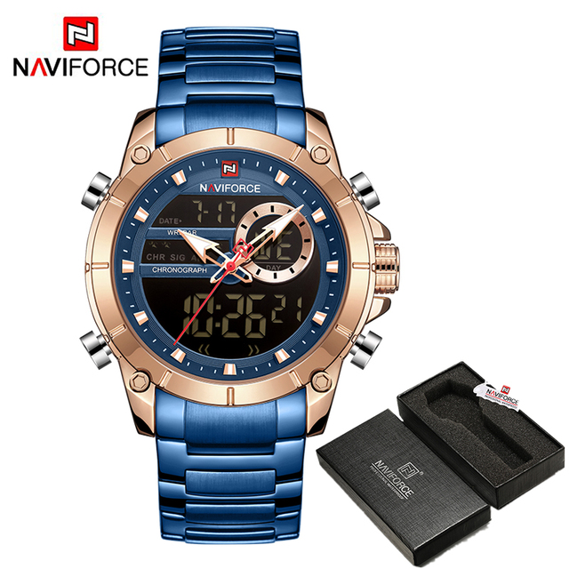 NAVIFORCE Men Military Sports Wrist Watch Gold Quartz Steel Waterproof Dual Display Male Clock Watches Relogio Masculino 9163