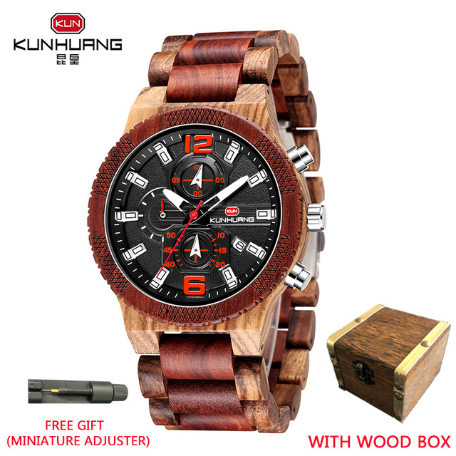 Kunhuang Luxury Wood Stainless Steel Men Watch Fashion Wooden Watches Chronograph Quartz Watches relogio masculino gift man