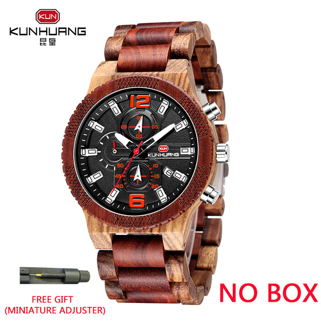 Kunhuang New Fashion Wooden Men's Watch Luxury Brand Multifunction Sports Mens Wristwatch Quartz Casual Relogio Masculino