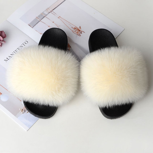 Genuine Fluffy Fur Slippers Women Summer Indoor Flip Flops Fur Sandals Slides Ladies Home Furry Plush Shoes Woman Fur Slides