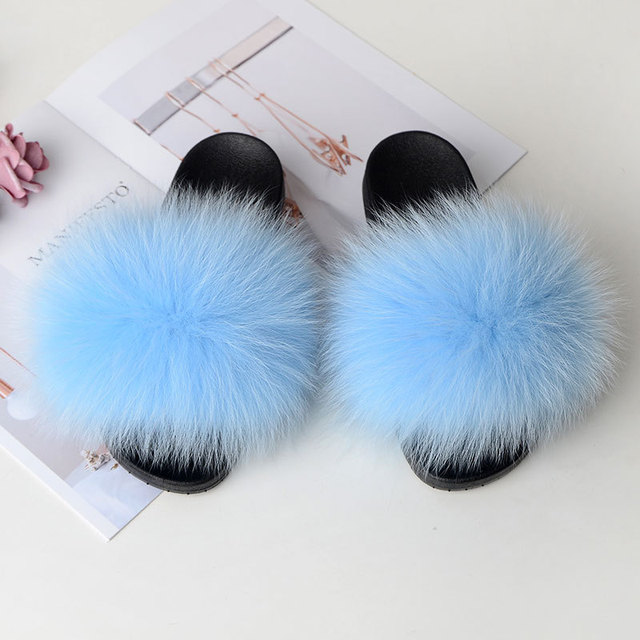 Women Summer Fluffy Fur Slippers Flat Non-slip Solid Real Furry Fur Slides Platform Shoes Plush Fur Sandals Flip Flops Women