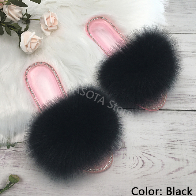 fluffy slippers women real fur home slides summer crystal rhinestones shoes for women flip flops with fur jelly sandals women