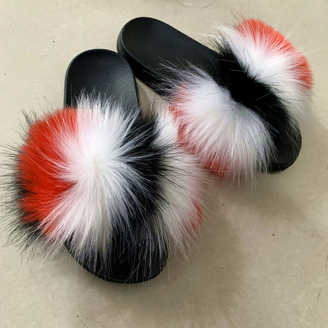 Fashion designer luxury ladies furry fur slippers colorful sandals rainbow shoes for women