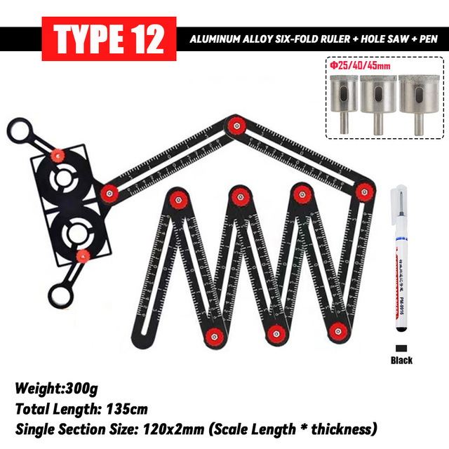 Fold Angle Ruler Aluminum Measuring Ruler for Tile Floor Glass Woodworking Locator Hole Template Tile Hole Guide