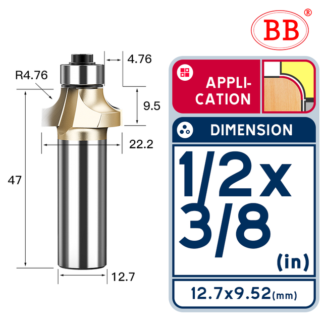 BB Corner Rounding Router Bit Concave Milling Cutter with Parallel Shank 1/2 1/4 Inch Woodworking Tool Round Edge Trimmer