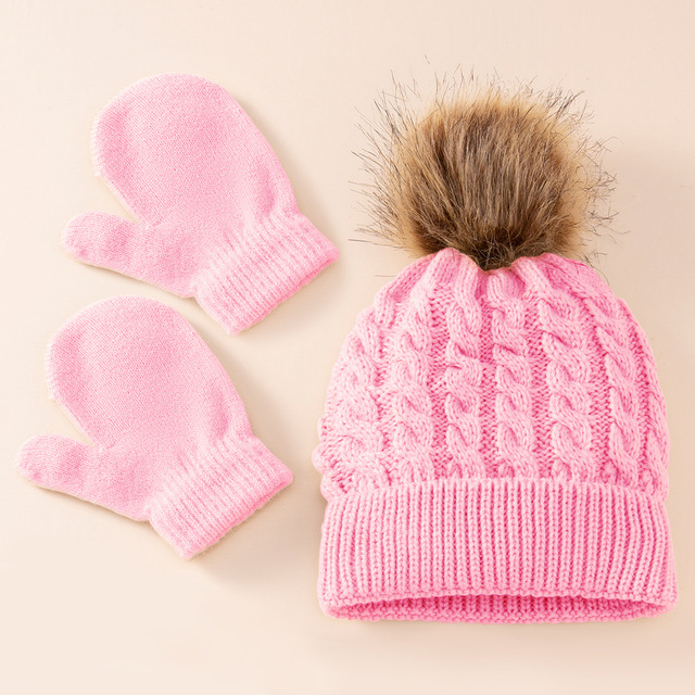 New Winter Hat Scarf Gloves Set For Kids 0-3 Years Boys Girls Children Cotton Warm Pom Poms Hat Sets Solid Color Cute Hat Scarf