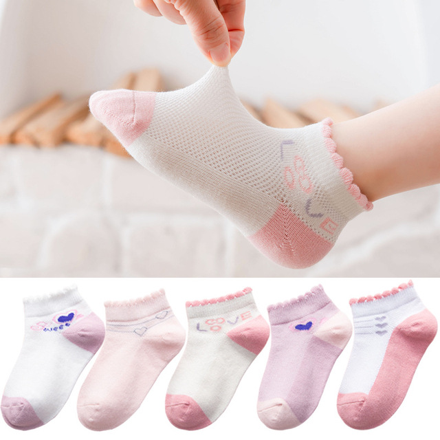 5 Pairs Girls Cotton Socks Summer Thin Mesh Breathable Cute Cartoon Children Socks Toddler Baby Girls Socks Pink 1-12 Years