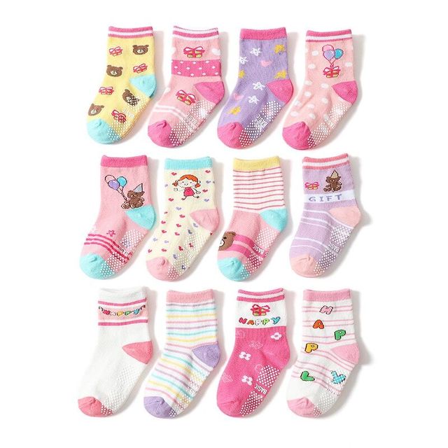 Non-Slip Baby Socks 12 Pairs with Grip for Boys Girls Toddler Infant Kids Anti-Slip Cotton Crew Socks 1-7 Years