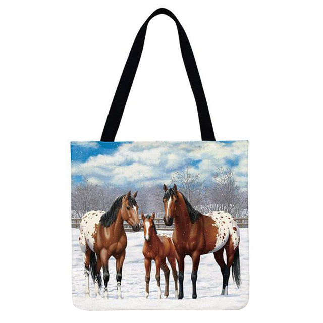 Reusable Linen Shopping Bags Casual Ladies Animal Horse Printed Pattern Tote Square Large Capacity Storage Bag