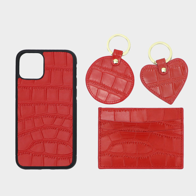 Customized Name Card Holder Leather Heart Keychain Embossed Crocodile Leather Phone Case for iPhone 11,12 Pro Max Gift Box Set