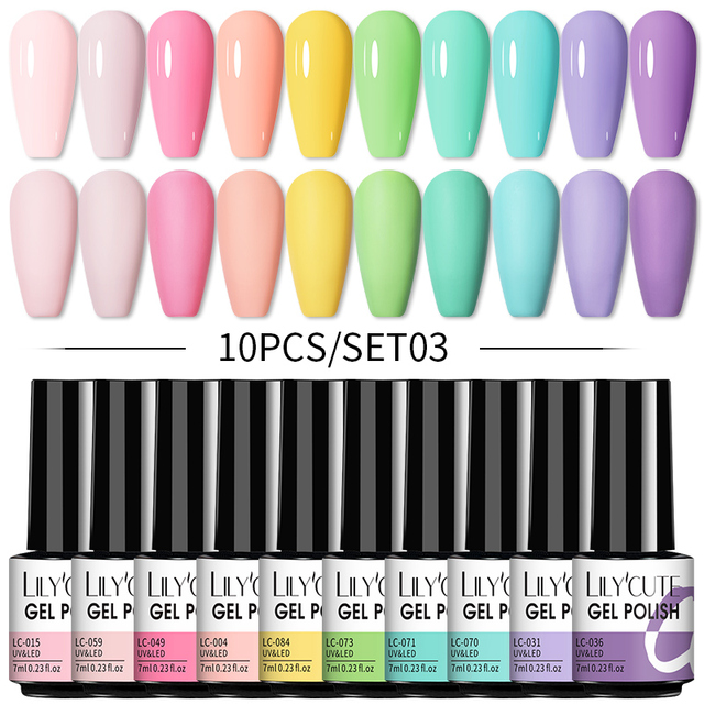 LILYCUTE 10pcs Gel Nail Polish Set With UV Lamp Nude Gel Semi Permanent Hybrid Varnish Base Top Coat Soak Off UV LED Nail Art