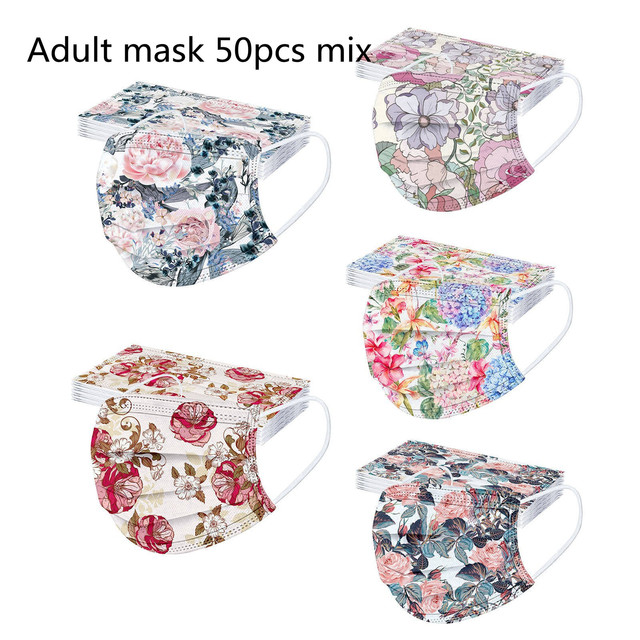 50pcs Disposable Face Mask Adult Women Printed Face Mask Adult Breathable Ear Loop Mask Non-woven Black 3Ply Mascarillas