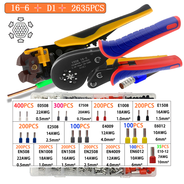 Insulated Wire Connector Terminal Crimping Terminal Cold Crimping Insulated Terminal Crimping Tool 16-6/6-4 Wire Stripper D1