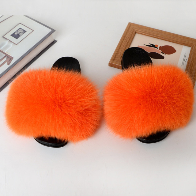 Women Summer Fluffy Fur Slippers Flat Non-slip Solid Real Furry Fur Slides Platform Shoes Plush Fur Sandals Flip Flops Women