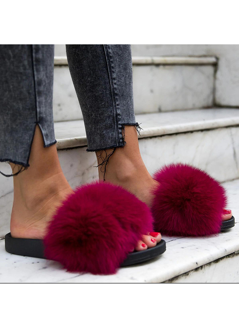 Women Fox Shoes Fur Slippers Real Fox Fur Slides Home Furry Flat Sandals Female Cute Wholesale House Shoes Woman Luxury Brand Ho