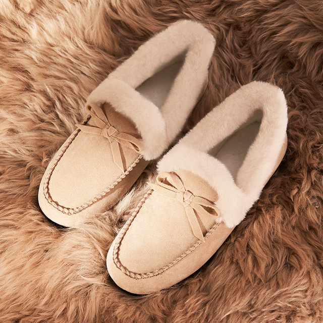 Women Slippers Winter Bow Tie Plush Warm Shoes Inside Loafers Indoor Slippers Ladies Ladies Slip On Shoes Chaussure Femme Women Shoes Non-leather Casual Shoes Women's Shoe Brand