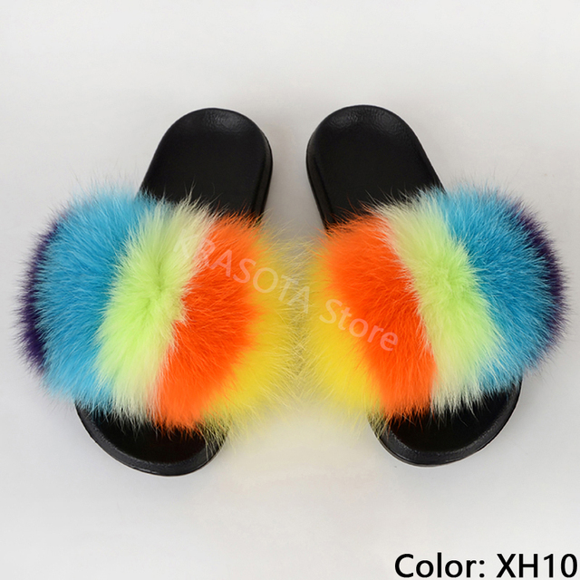 fluffy slippers women luxury real fox fur slippers women home fur slides ladies summer flip flops wholesale flat shoes slippers