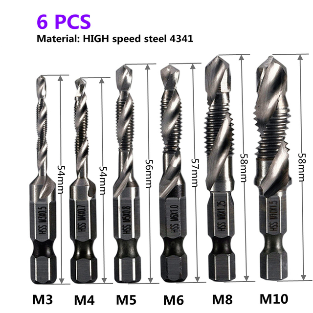 1-6pcs M3 M4 M5 M6 M8 M10 Tap Drill Bits 1/4 Hex Shank Machine Hand Taps Titanium Coated HSS Drill Tap Bits Threaded Screw Tools