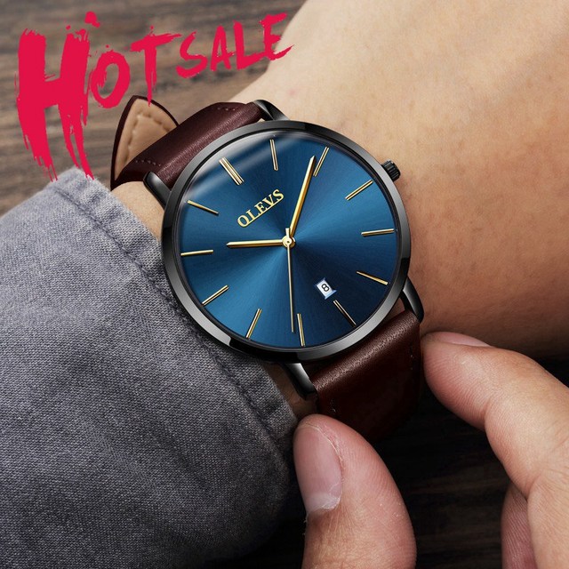 OLEVS Ultra-thin Men Watches Top Brand Fashion Casual Luxury Genuine Leather Japan Quartz Waterproof Wristwatch for Male