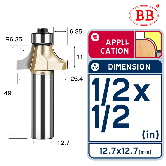 BB Corner Rounding Router Bit Concave Milling Cutter with Parallel Shank 1/2 1/4 Inch Woodworking Tool Round Edge Trimmer