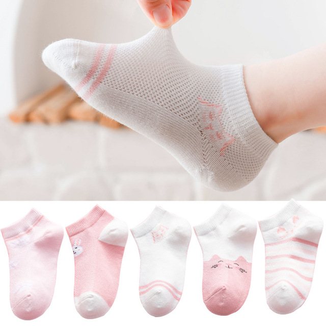 5 Pairs Girls Cotton Socks Summer Thin Mesh Breathable Cute Cartoon Children Socks Toddler Baby Girls Socks Pink 1-12 Years