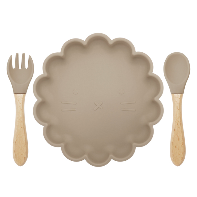 Children's Silicone Dinner Plate Strong Sucker Cartoon Lion Baby Feeding Set BPA Free Wooden Handle Fork Spoon Baby Shower Gift