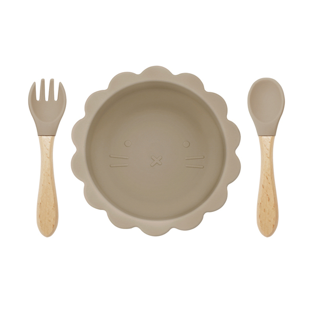 Cute silicone bowl children's complementary tableware food bowl BPA-free waterproof tableware plate wooden spoon silicone fork