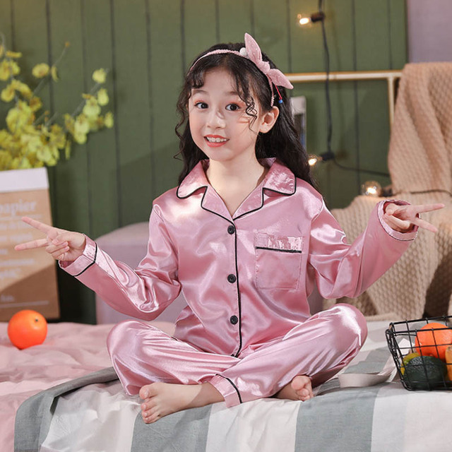 Silk Pajamas for Girls Boy Pajama Sets Summer Autumn Satin Long Sleeve Fashion Gray Pajama Toddler Kid Pajama Sleepwear Suit 3-14Y