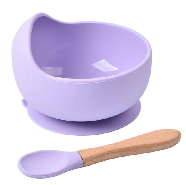 Baby Silicone Bowl Feeding Tableware Children Suction Bowl Plate Wooden Handle Silicone Spoon Dish Set For Baby Kitchen Utensils