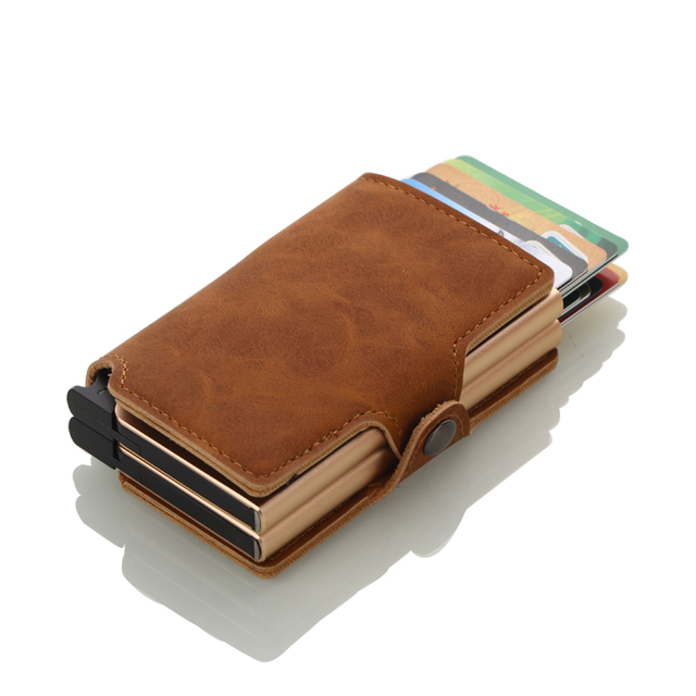 Dual RFID Aluminum Card Holder For Men Vegan Leather Card Wallet Card Holder With Automatic Pop Up