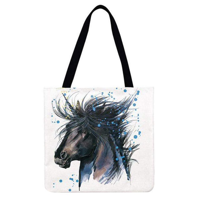 Reusable Linen Shopping Bags Casual Ladies Animal Horse Printed Pattern Tote Square Large Capacity Storage Bag