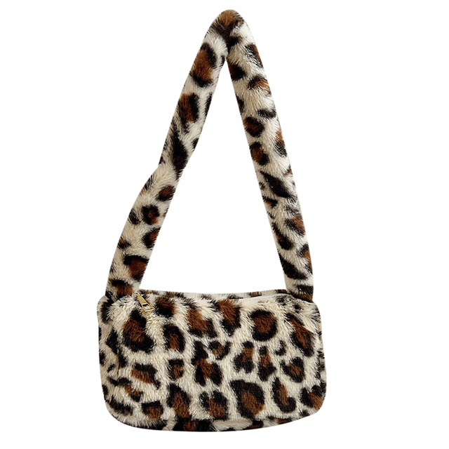 Fashion Women Cow Print Small Shoulder Bags Female Winter Plush Underarm Bags Leopard Zebra Pattern Fluffy Tote Bags Small Purses