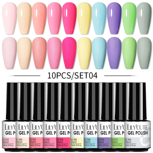 LILYCUTE 10pcs Gel Nail Polish Set With UV Lamp Nude Gel Semi Permanent Hybrid Varnish Base Top Coat Soak Off UV LED Nail Art