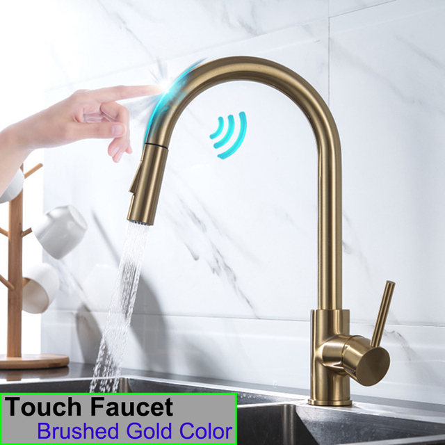 Gold Touch Filter Kitchen Mixer Tap Dual Handle Hot Cold Brass Kitchen Sink Faucets Smar Sensor Touch Pull Out Kitchen Faucets