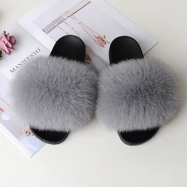 Genuine Fluffy Fur Slippers Women Summer Indoor Flip Flops Fur Sandals Slides Ladies Home Furry Plush Shoes Woman Fur Slides