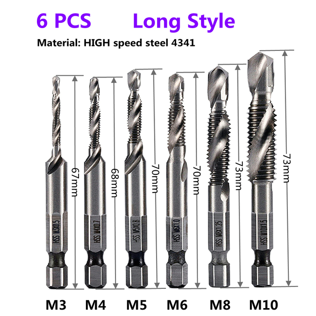 1-6pcs M3 M4 M5 M6 M8 M10 Tap Drill Bits 1/4 Hex Shank Machine Hand Taps Titanium Coated HSS Drill Tap Bits Threaded Screw Tools