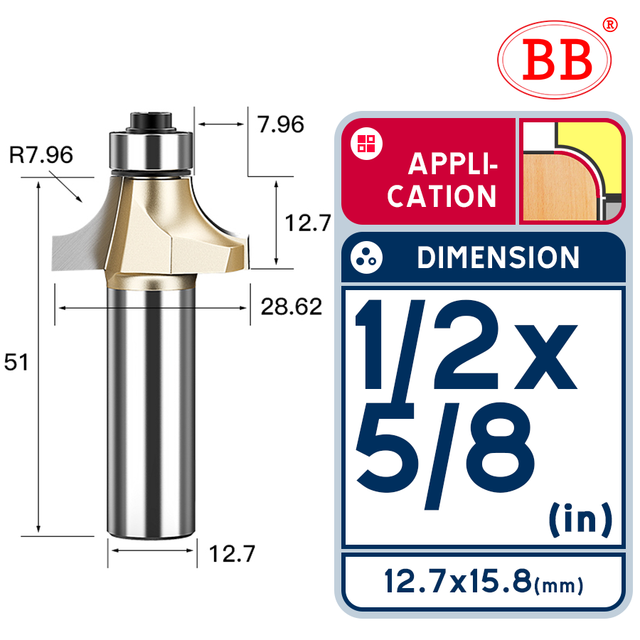 BB Corner Rounding Router Bit Concave Milling Cutter with Parallel Shank 1/2 1/4 Inch Woodworking Tool Round Edge Trimmer